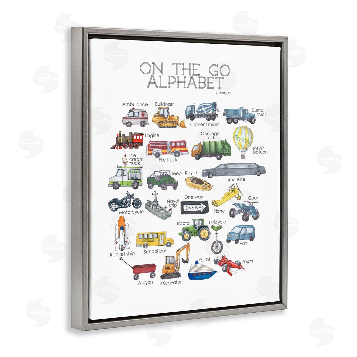 On The Go Transportation Alphabet Grey Floating Frame Canvas Wall Art, Home Decor by Dishique