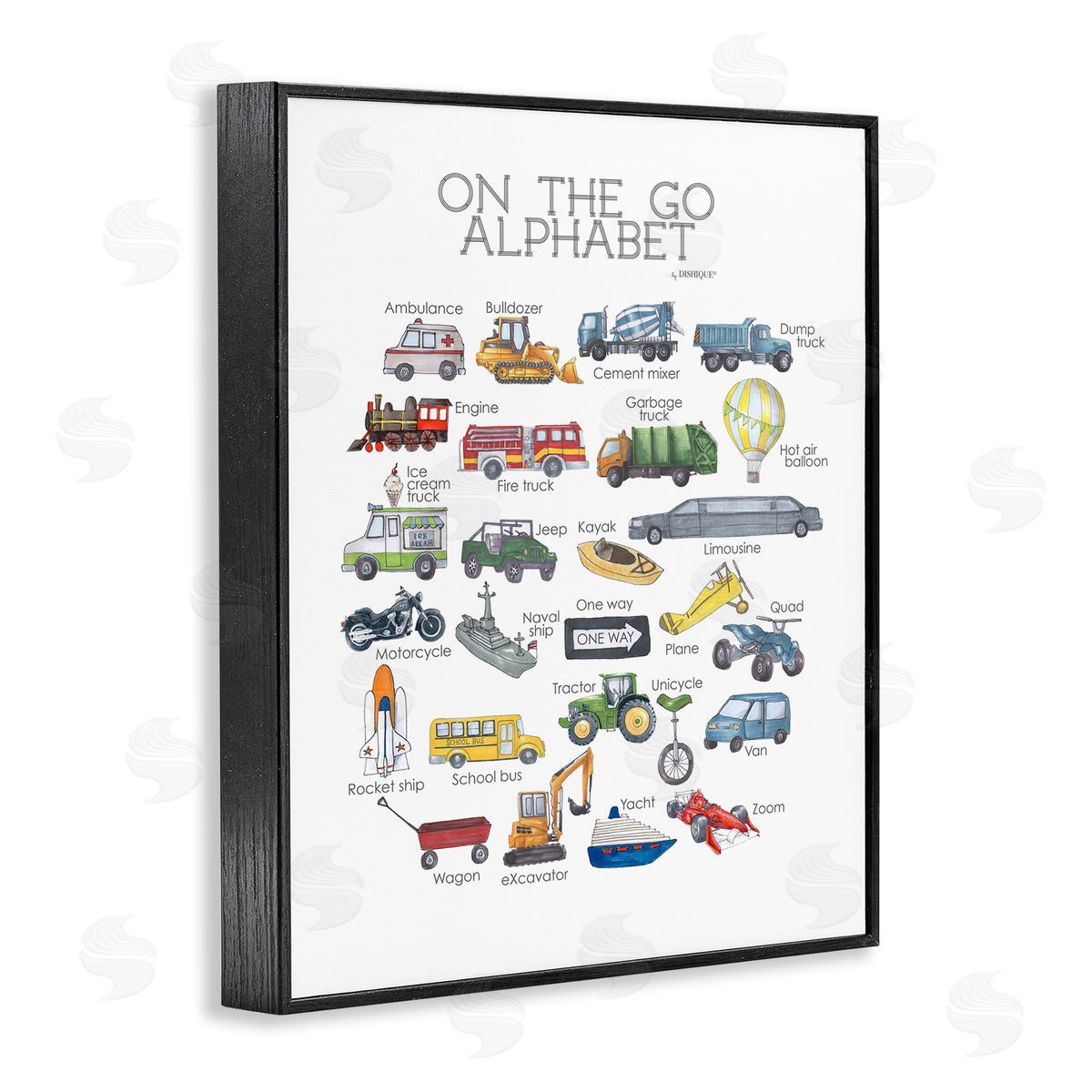 On The Go Transportation Alphabet Black Frame Print Wall Art, Home Decor by Dishique
