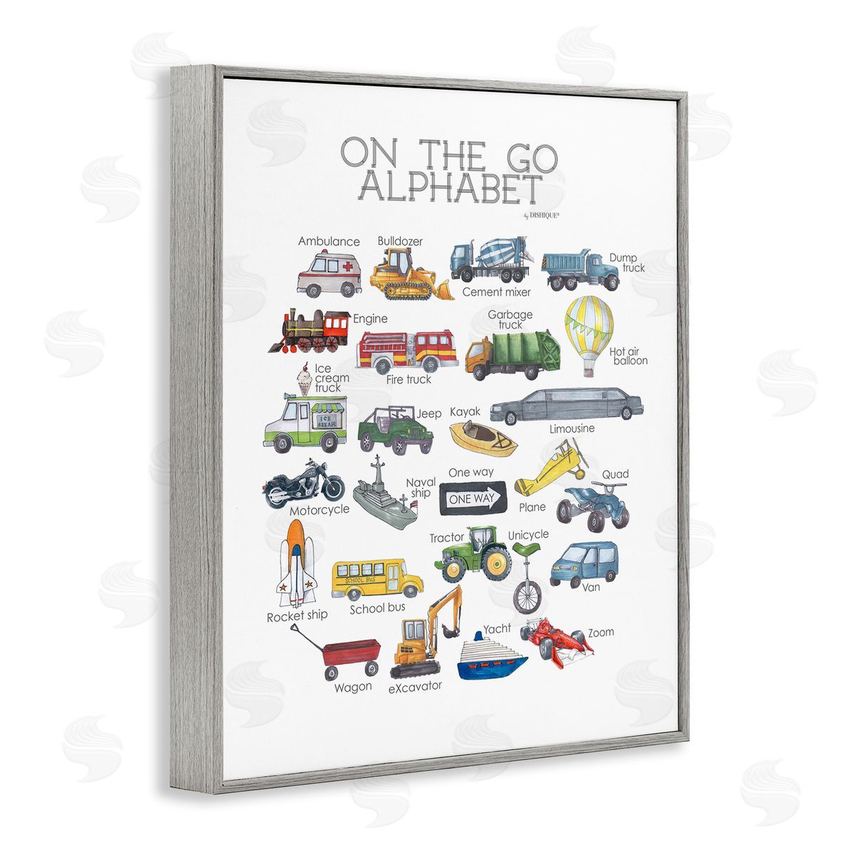 On The Go Transportation Alphabet Grey Frame Print Wall Art, Home Decor by Dishique
