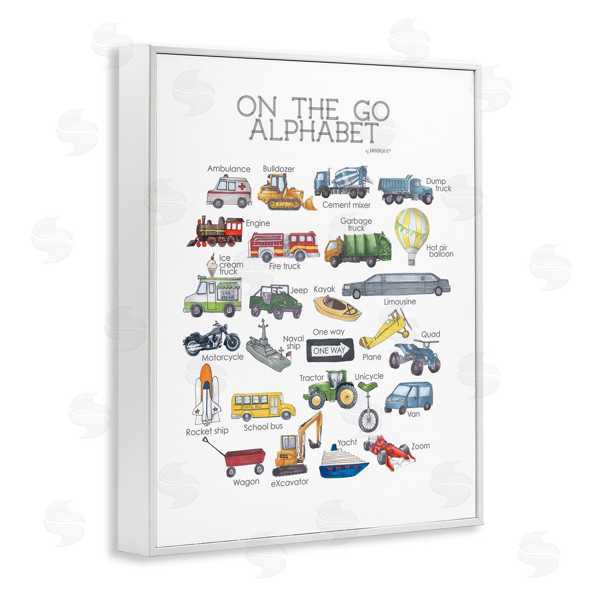 On The Go Transportation Alphabet White Frame Print Wall Art, Home Decor by Dishique