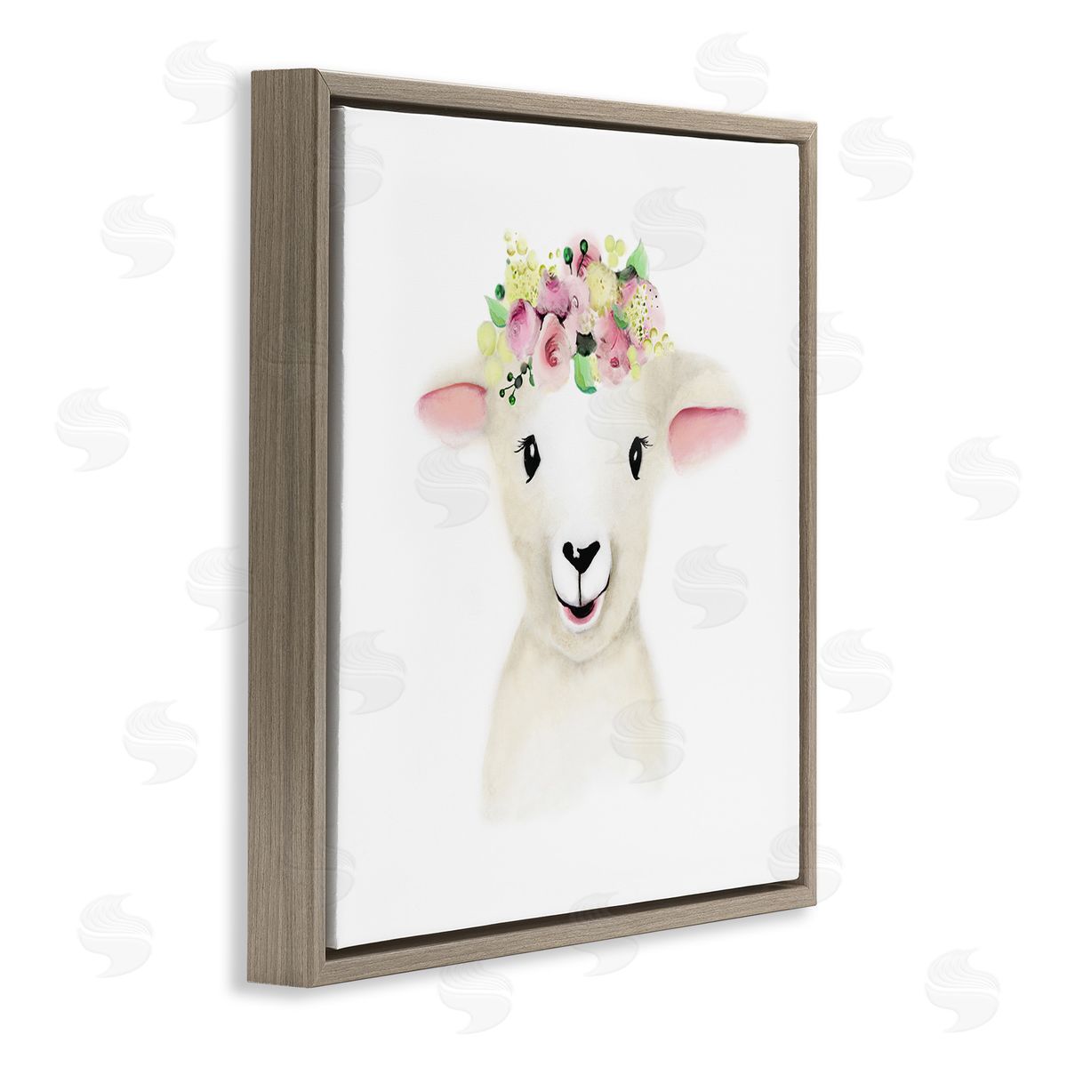 Baby Lamb Sheep Flower Crown Brown Floating Frame Canvas Wall Art, Home Decor by Studio Q