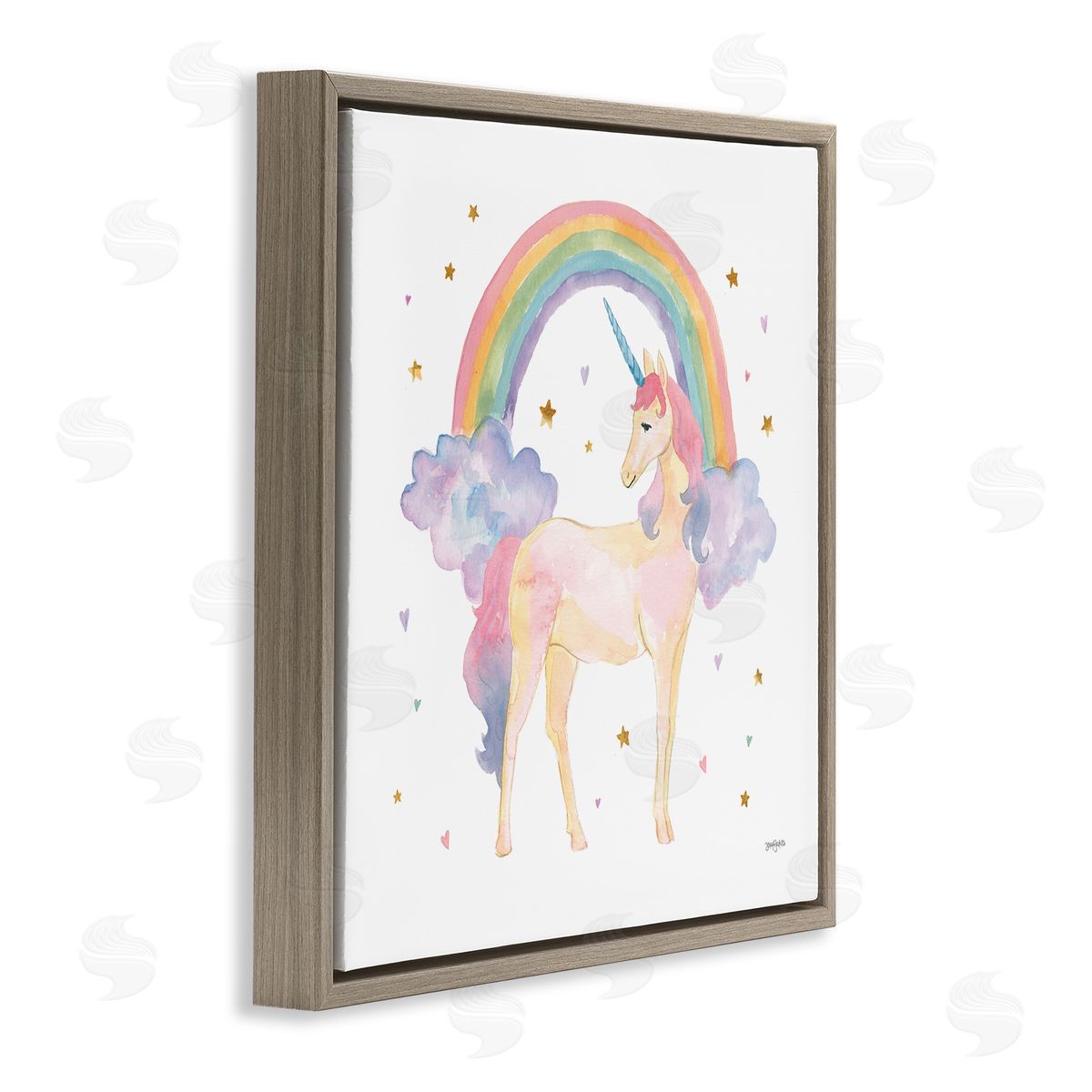 Kids Nursery Unicorn Watercolor Brown Floating Frame Canvas Wall Art, Home Decor by Jenaya Jordan