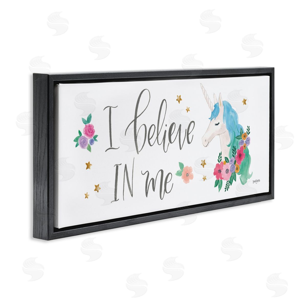Believe In Me Blue Unicorn Black Floating Frame Canvas Wall Art, Home Decor by Jenaya Jordan
