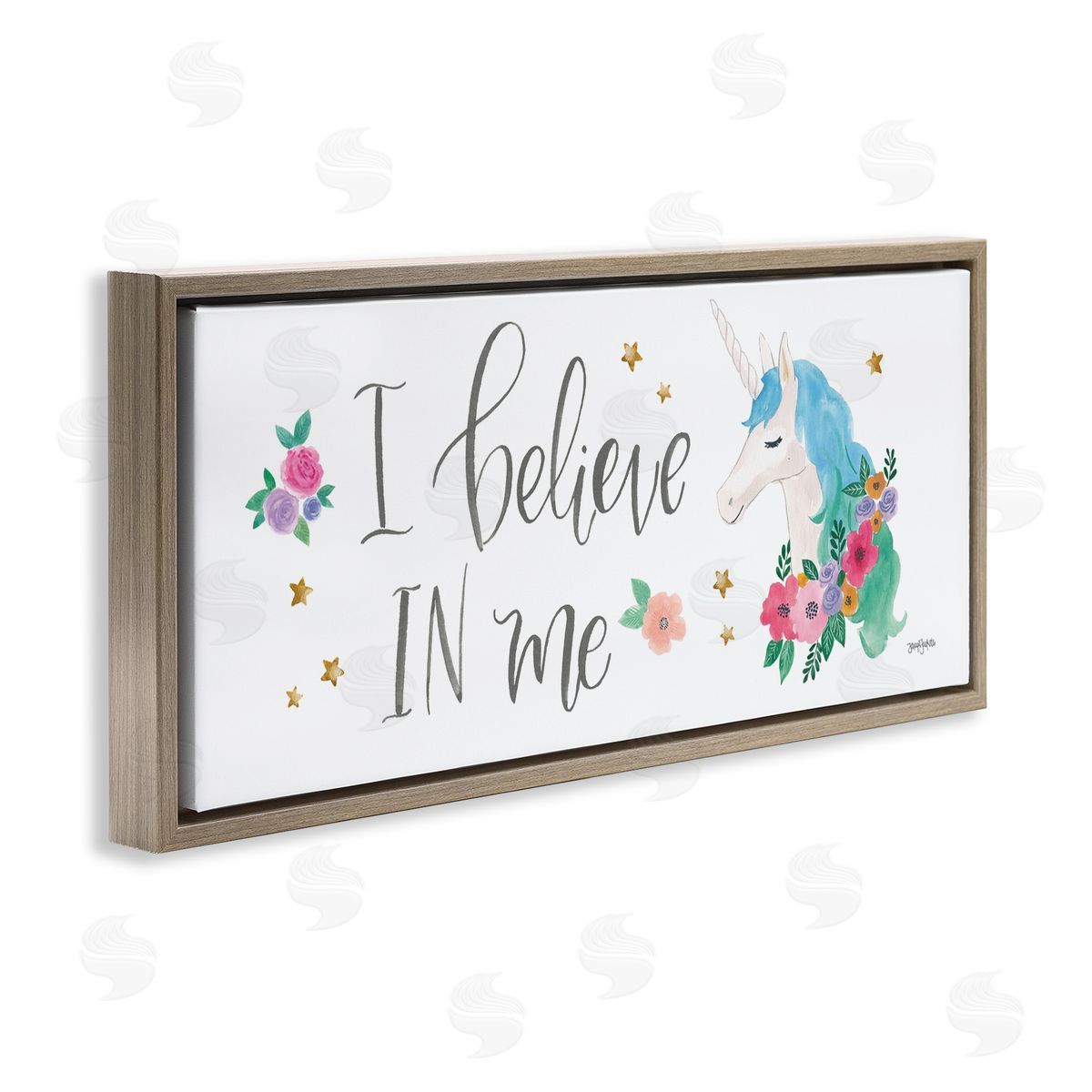 Believe In Me Blue Unicorn Brown Floating Frame Canvas Wall Art, Home Decor by Jenaya Jordan