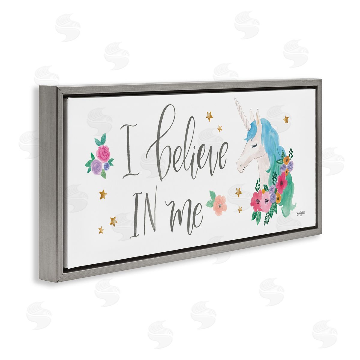 Believe In Me Blue Unicorn Grey Floating Frame Canvas Wall Art, Home Decor by Jenaya Jordan