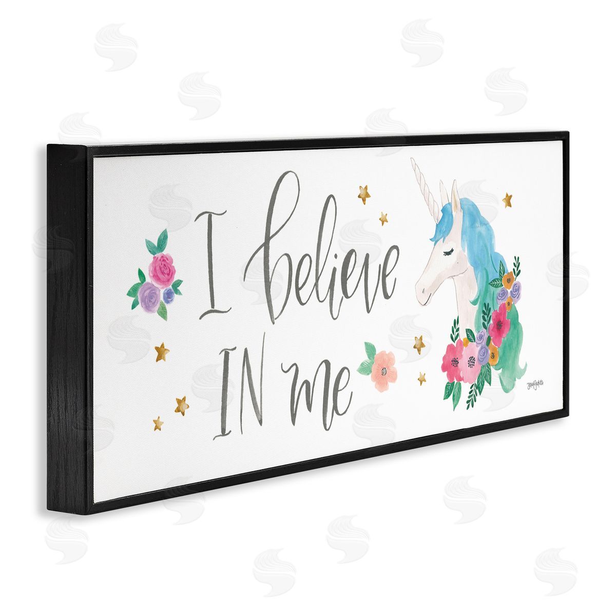 Believe In Me Blue Unicorn Black Frame Print Wall Art, Home Decor by Jenaya Jordan