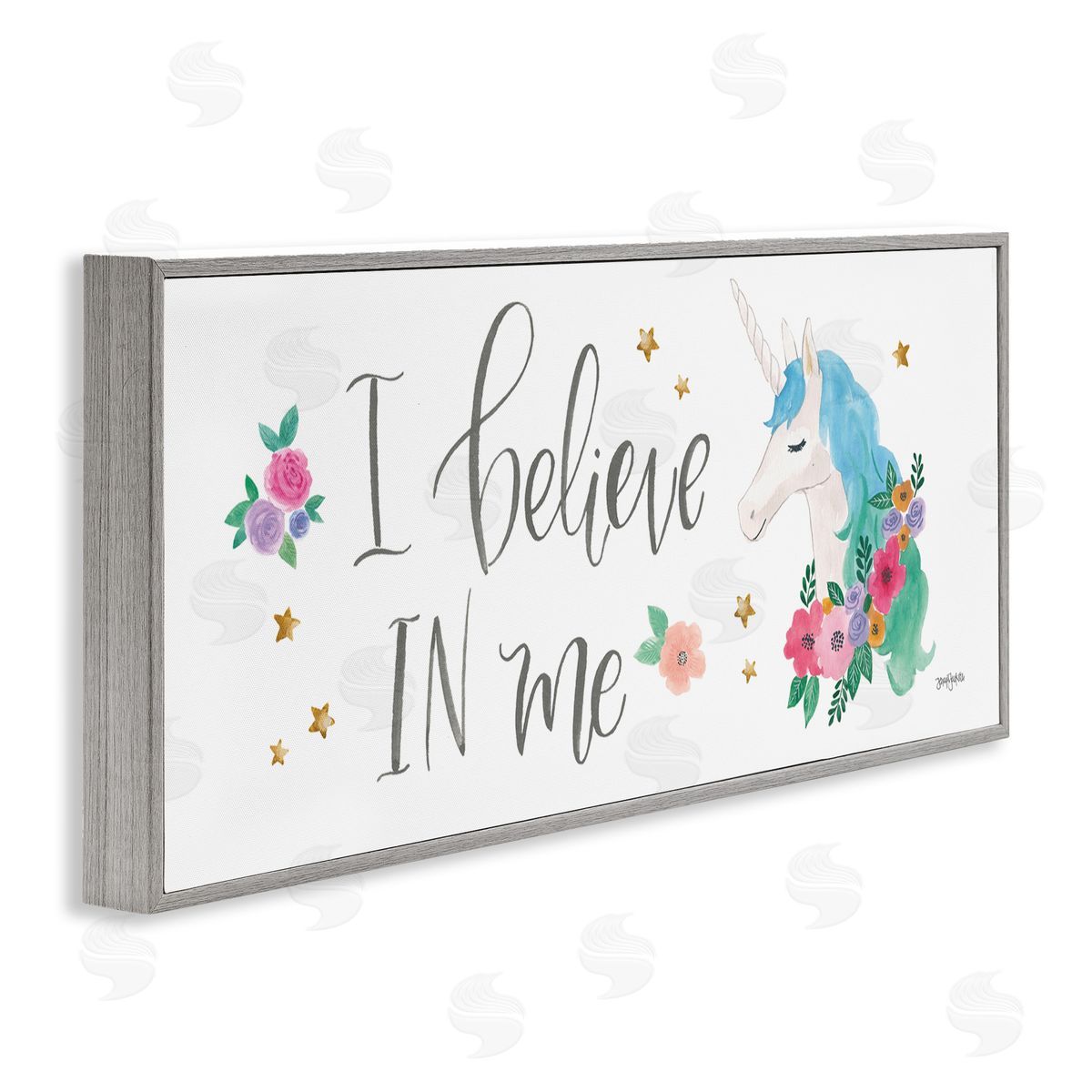 Believe In Me Blue Unicorn Grey Frame Print Wall Art, Home Decor by Jenaya Jordan