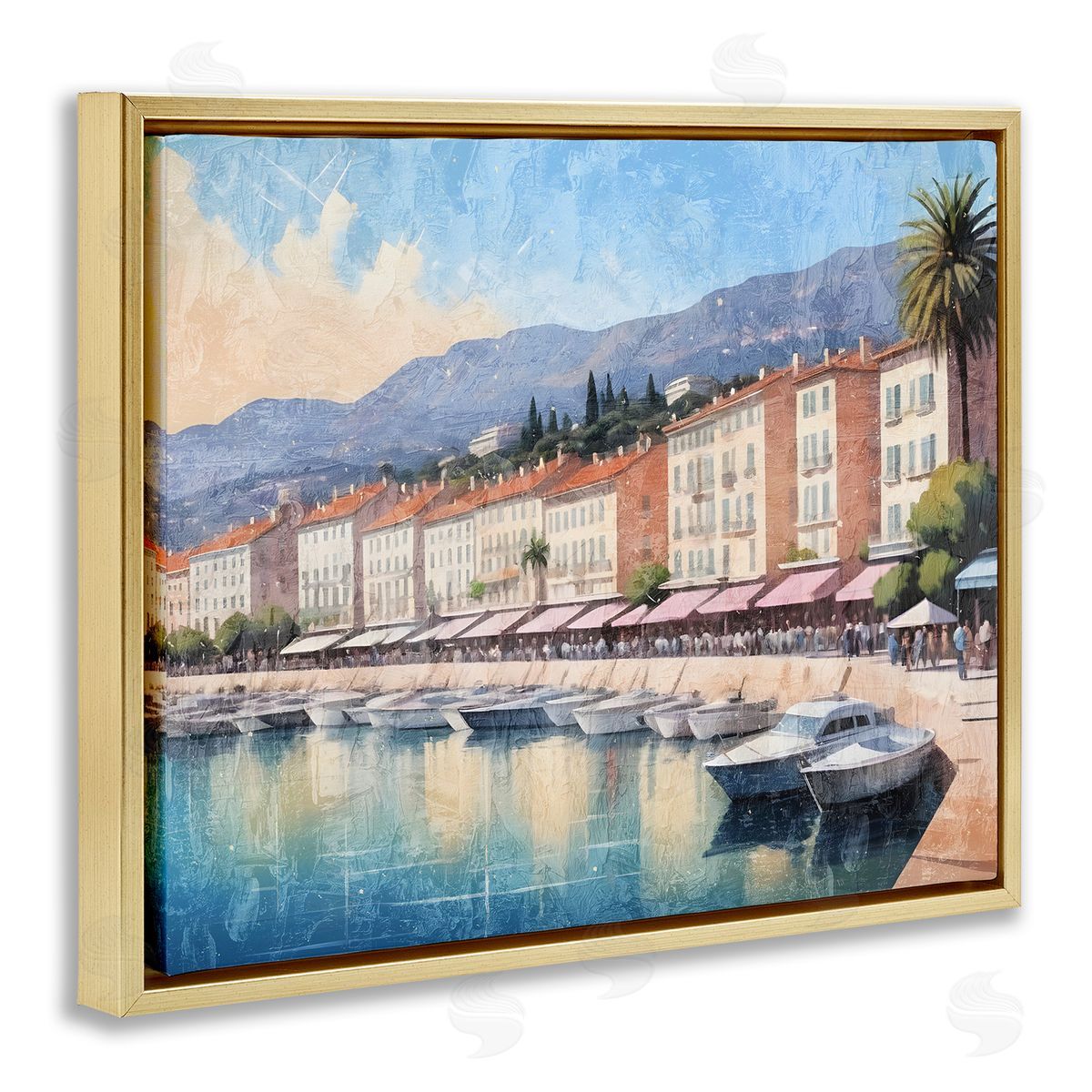 Quaint Seaside Marina Gold Floating Frame Canvas Wall Art, Home Decor by Kim Allen