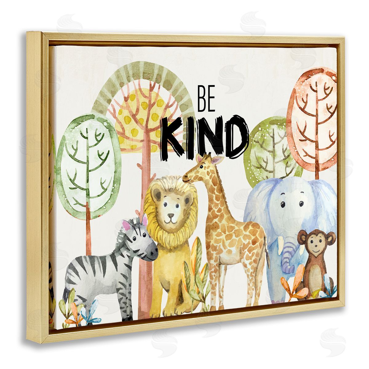 Be Kind Jungle Animals Gold Floating Frame Canvas Wall Art, Home Decor by Kim Allen