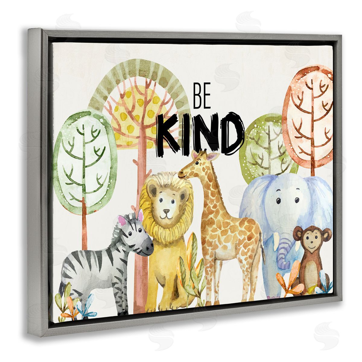 Be Kind Jungle Animals Grey Floating Frame Canvas Wall Art, Home Decor by Kim Allen