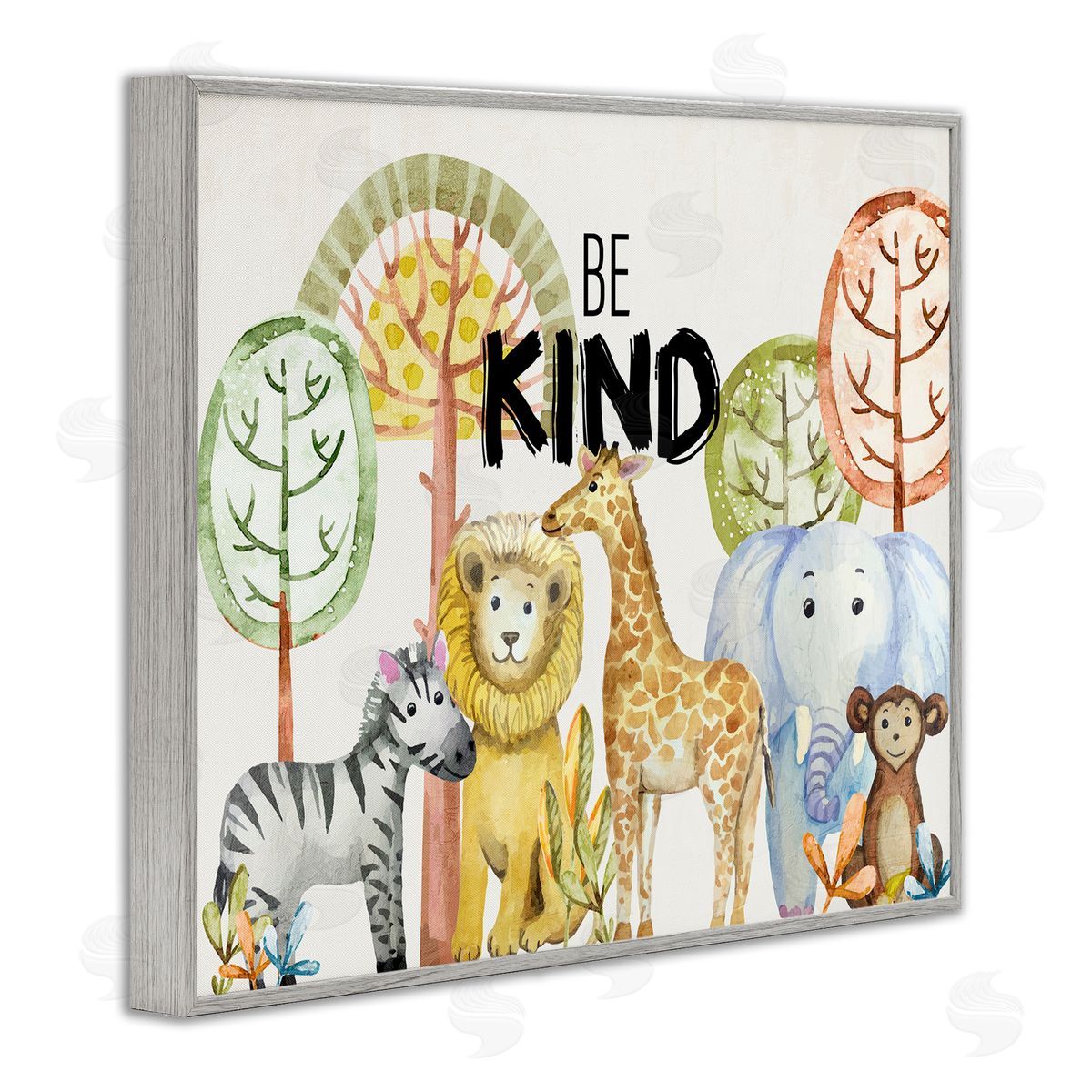 Be Kind Jungle Animals Grey Frame Print Wall Art, Home Decor by Kim Allen