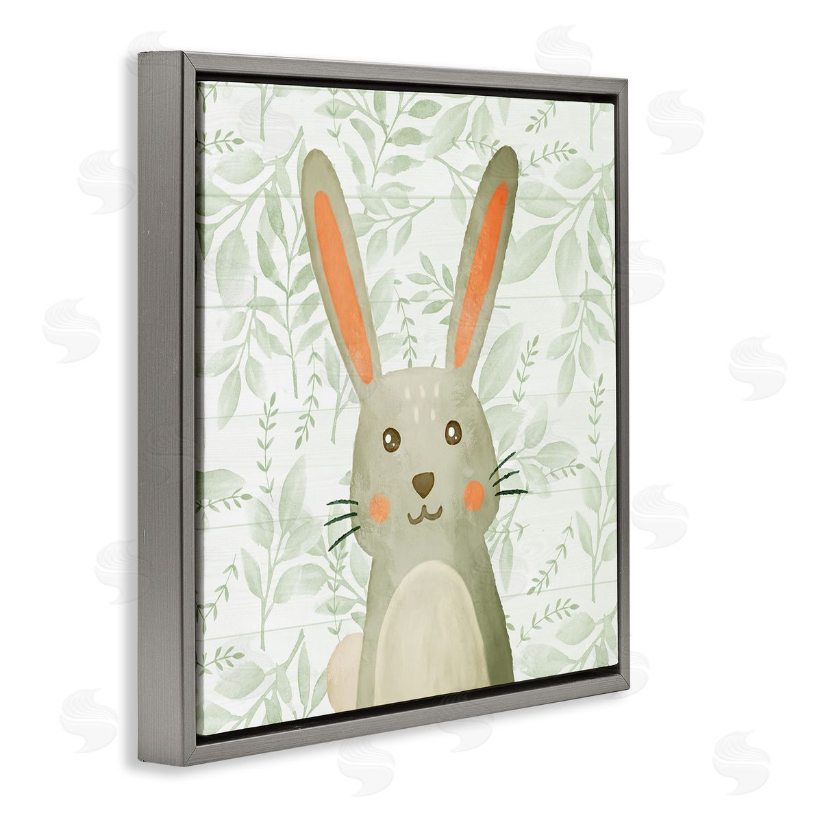 Whimsical Bunny on Florals Grey Floating Frame Canvas Wall Art, Home Decor by Kim Allen