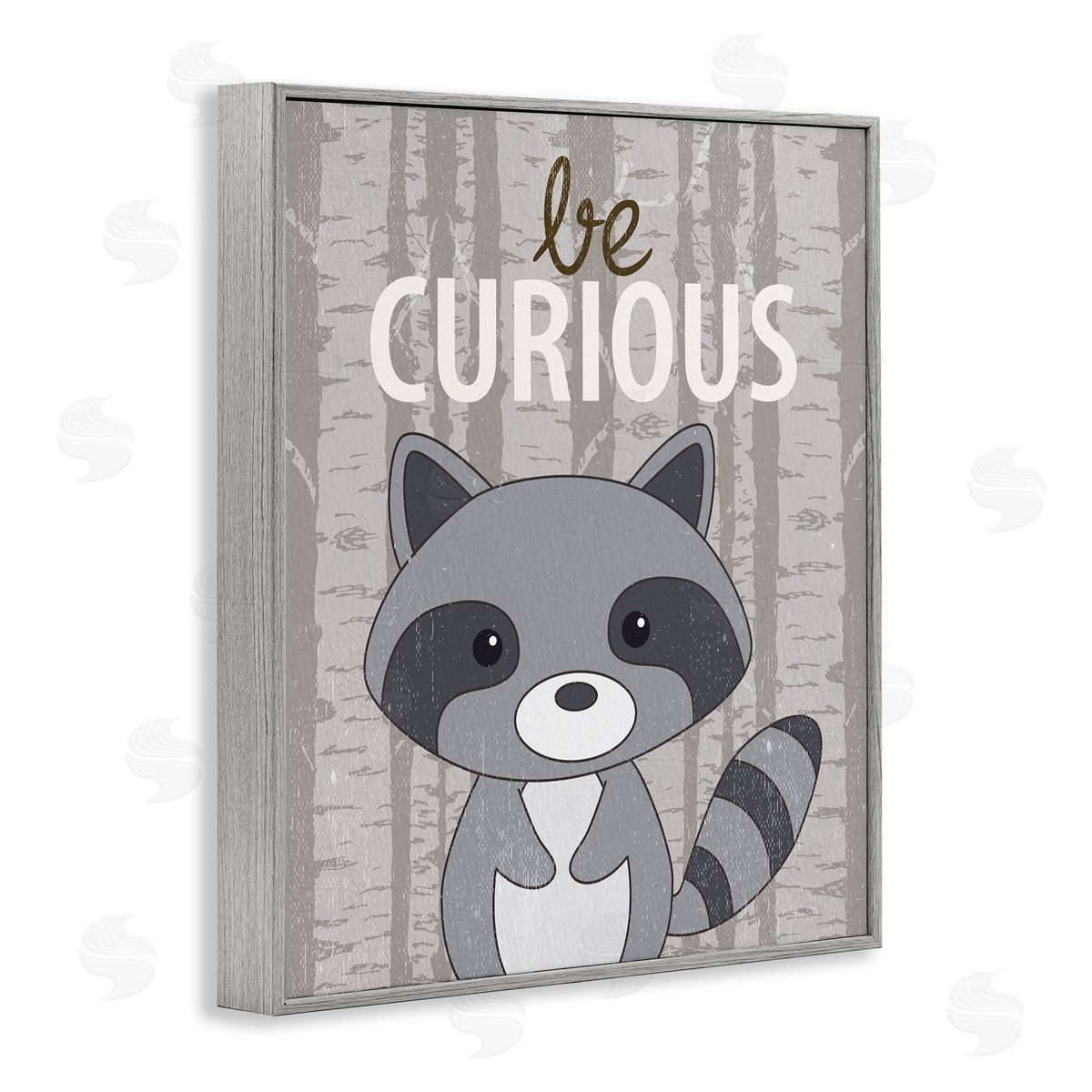 Be Curious Woodland Raccoon Grey Frame Print Wall Art, Home Decor by Kim Allen