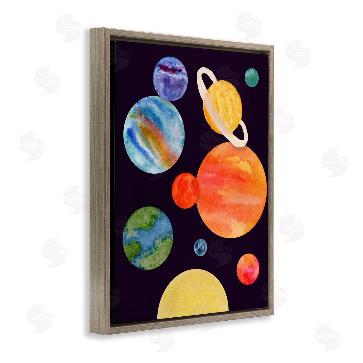 Watercolor Planets on Black Brown Floating Frame Canvas Wall Art, Home Decor by Corinne Rose Designs