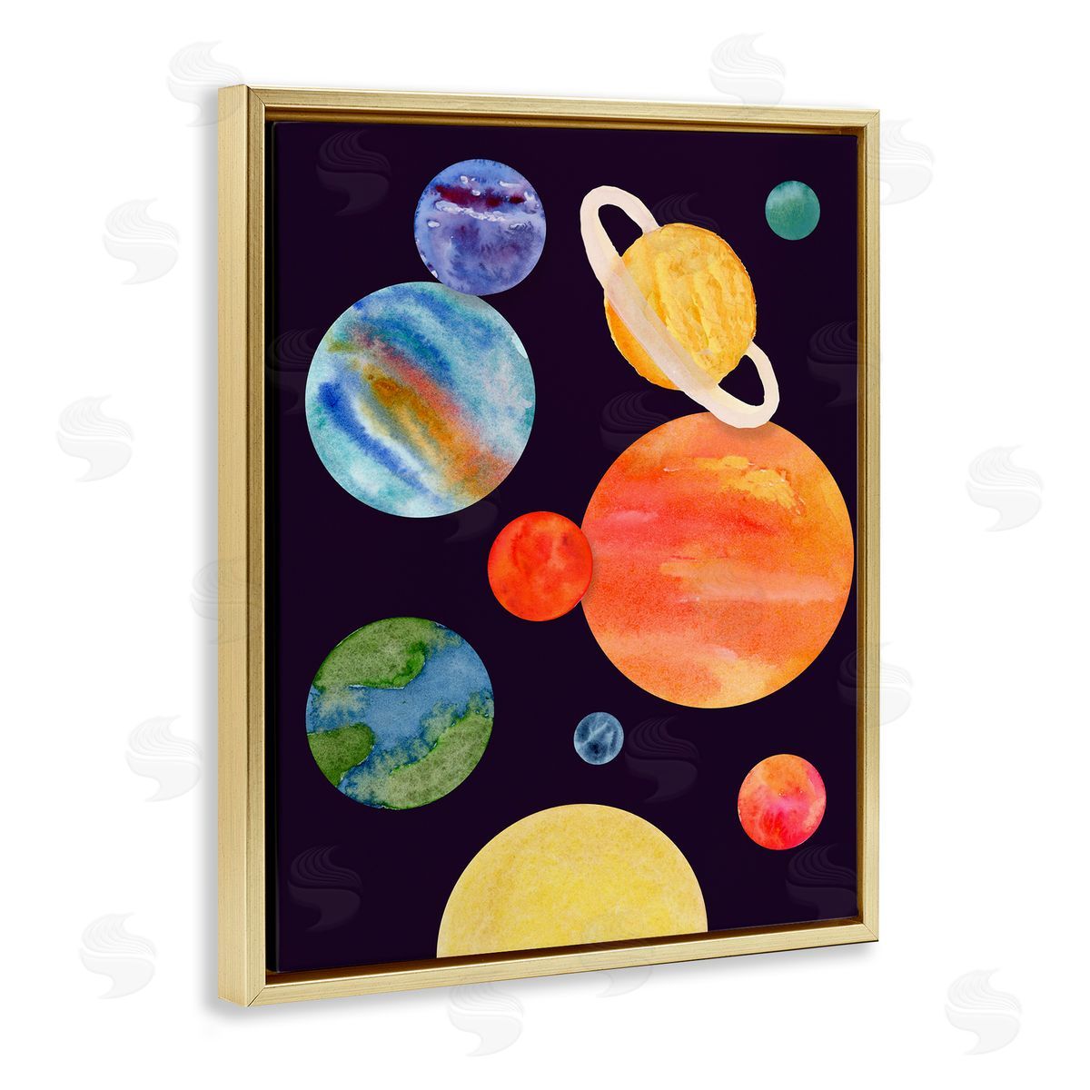 Watercolor Planets on Black Gold Floating Frame Canvas Wall Art, Home Decor by Corinne Rose Designs