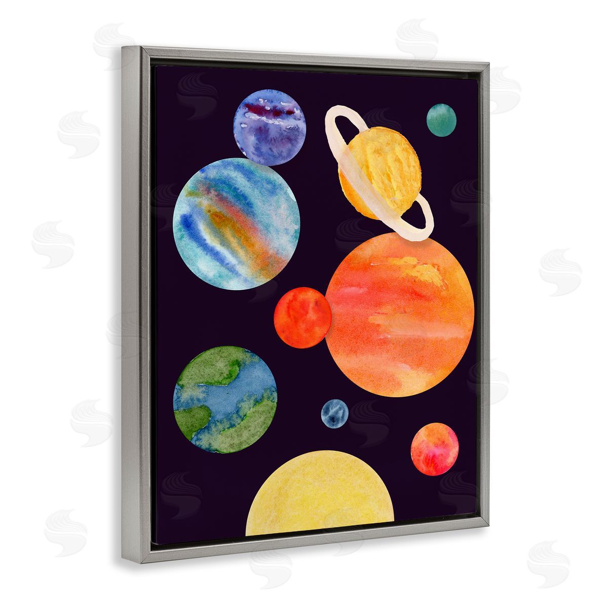 Watercolor Planets on Black Grey Floating Frame Canvas Wall Art, Home Decor by Corinne Rose Designs