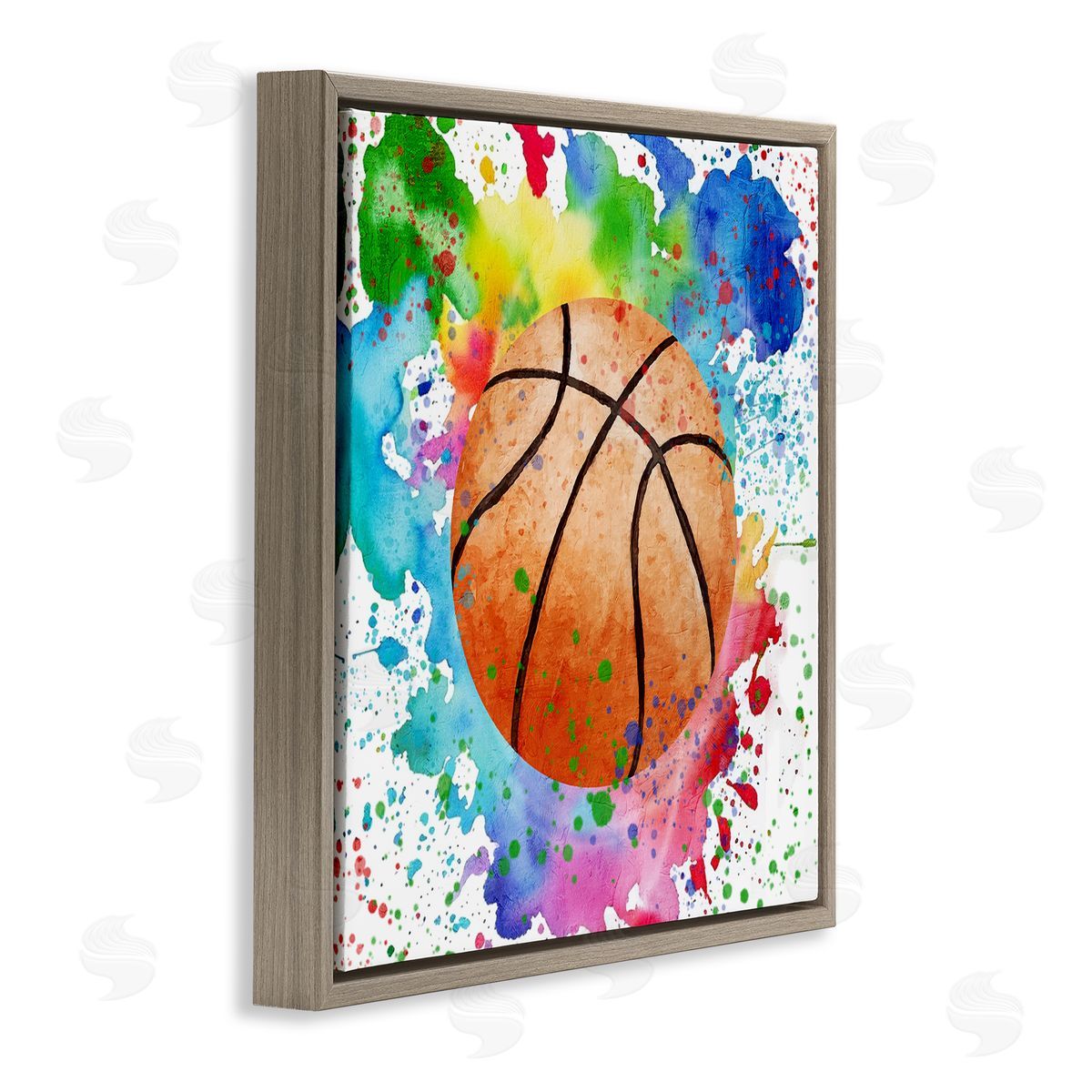 Basketball with Bright Splash Brown Floating Frame Canvas Wall Art, Home Decor by Kim Allen