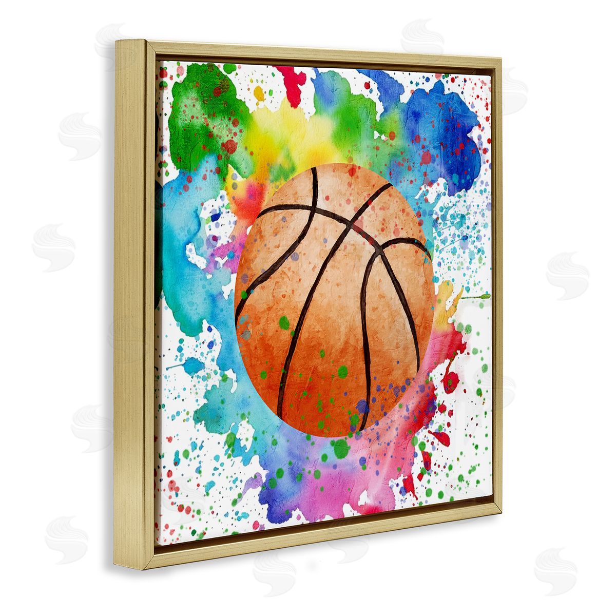 Basketball with Bright Splash Gold Floating Frame Canvas Wall Art, Home Decor by Kim Allen
