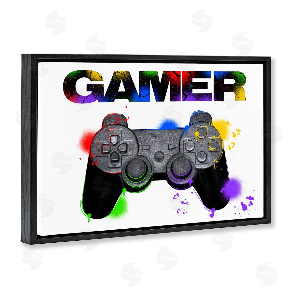 Gamer with Rainbow Splashes Black Floating Frame Canvas Wall Art, Home Decor by Marcus Prime