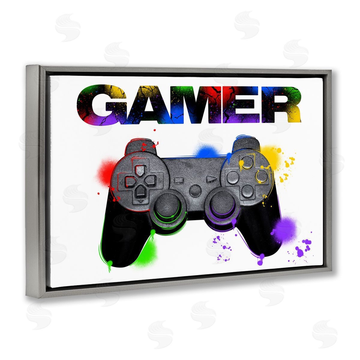Gamer with Rainbow Splashes Grey Floating Frame Canvas Wall Art, Home Decor by Marcus Prime