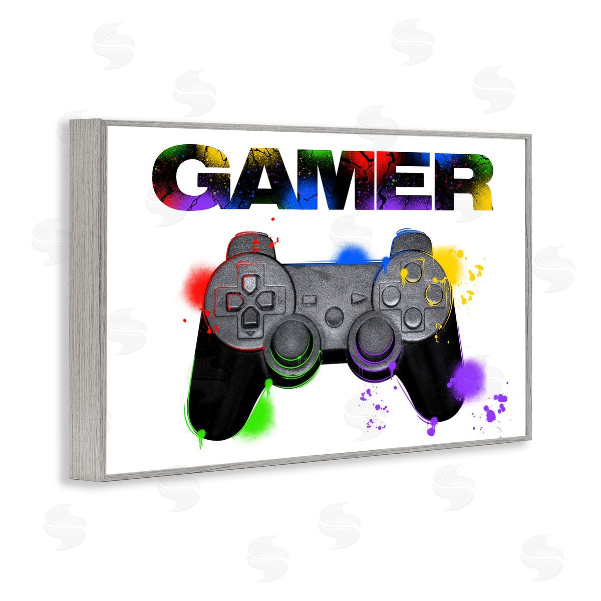 Gamer with Rainbow Splashes Grey Frame Print Wall Art, Home Decor by Marcus Prime