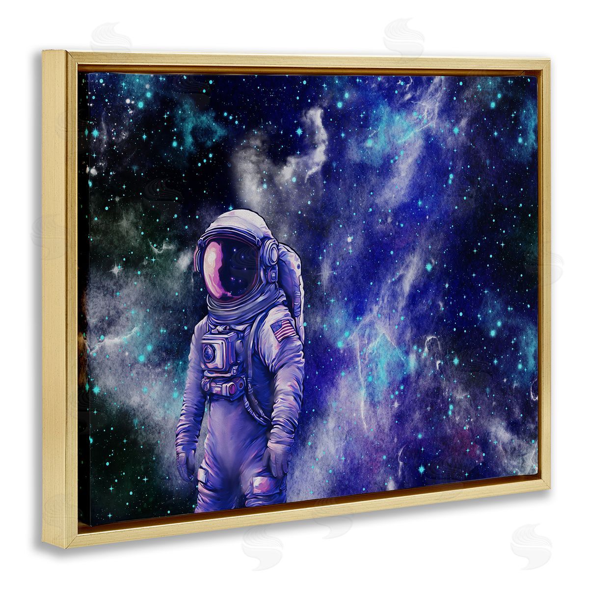 Astronaut with Blue Nebula Gold Floating Frame Canvas Wall Art, Home Decor by Jesse Keith