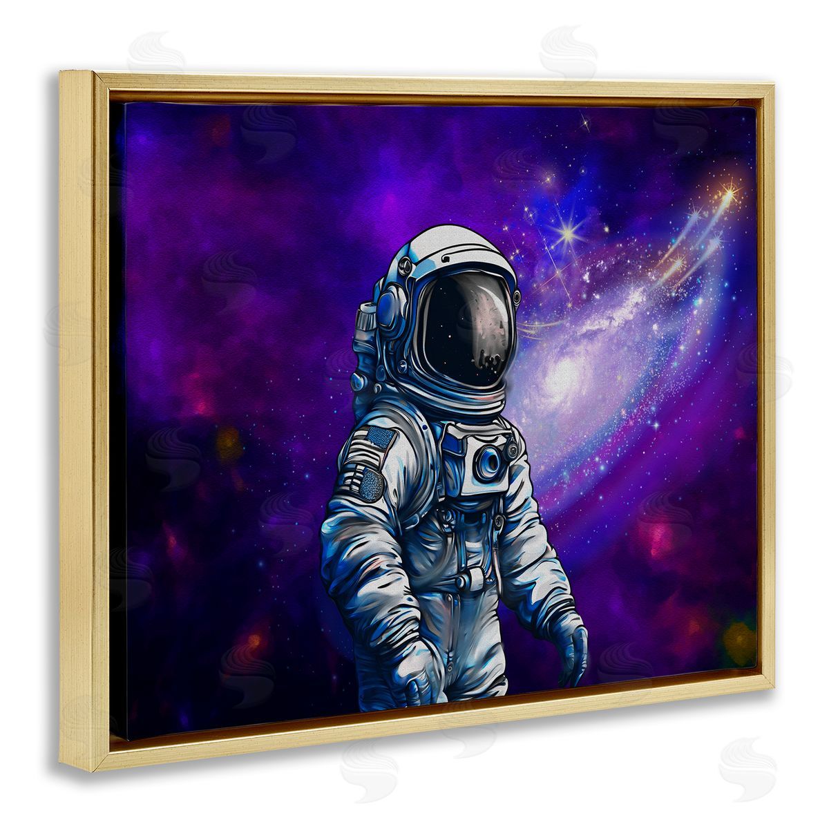 Astronaut with Swirling Galaxy Gold Floating Frame Canvas Wall Art, Home Decor by Jesse Keith
