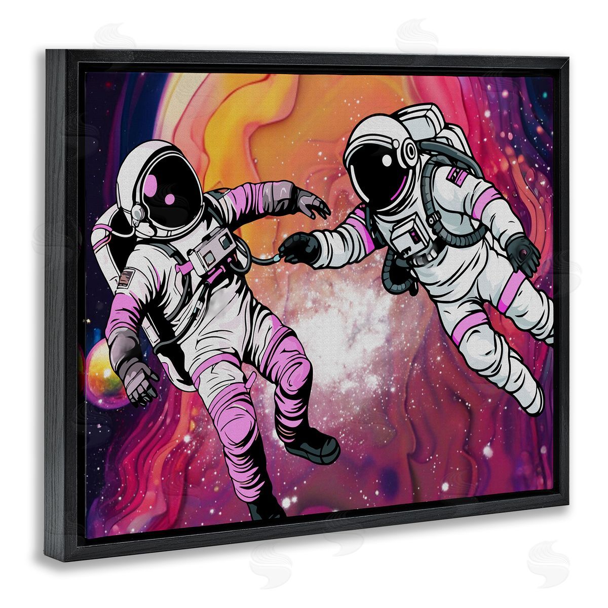 Swirling Cosmic Space Astronauts Black Floating Frame Canvas Wall Art, Home Decor by Jesse Keith