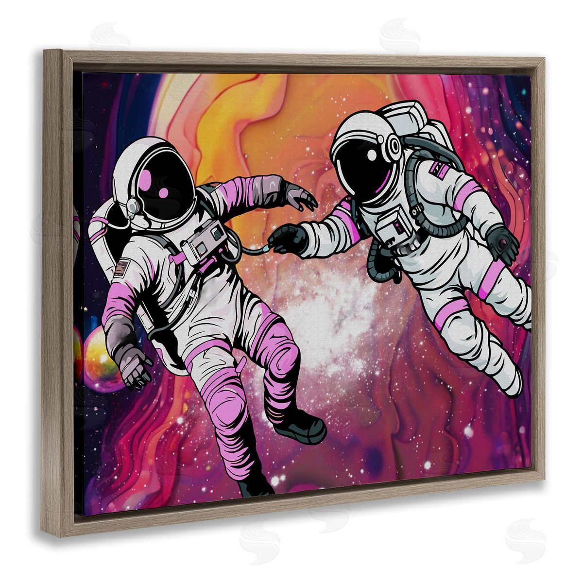Swirling Cosmic Space Astronauts Brown Floating Frame Canvas Wall Art, Home Decor by Jesse Keith