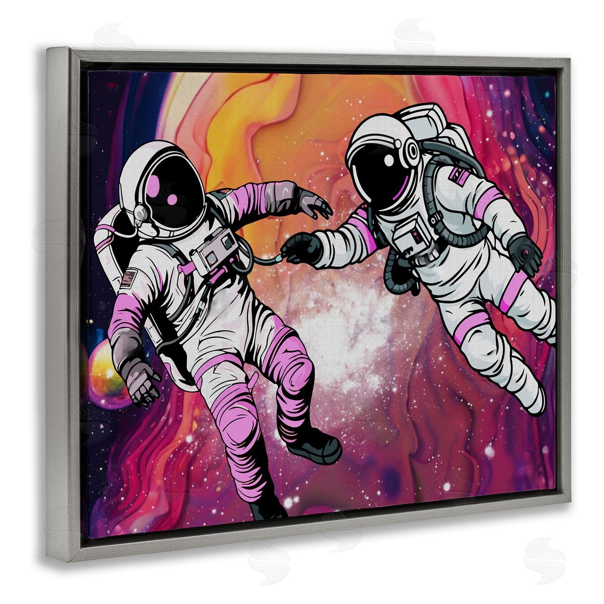 Swirling Cosmic Space Astronauts Grey Floating Frame Canvas Wall Art, Home Decor by Jesse Keith