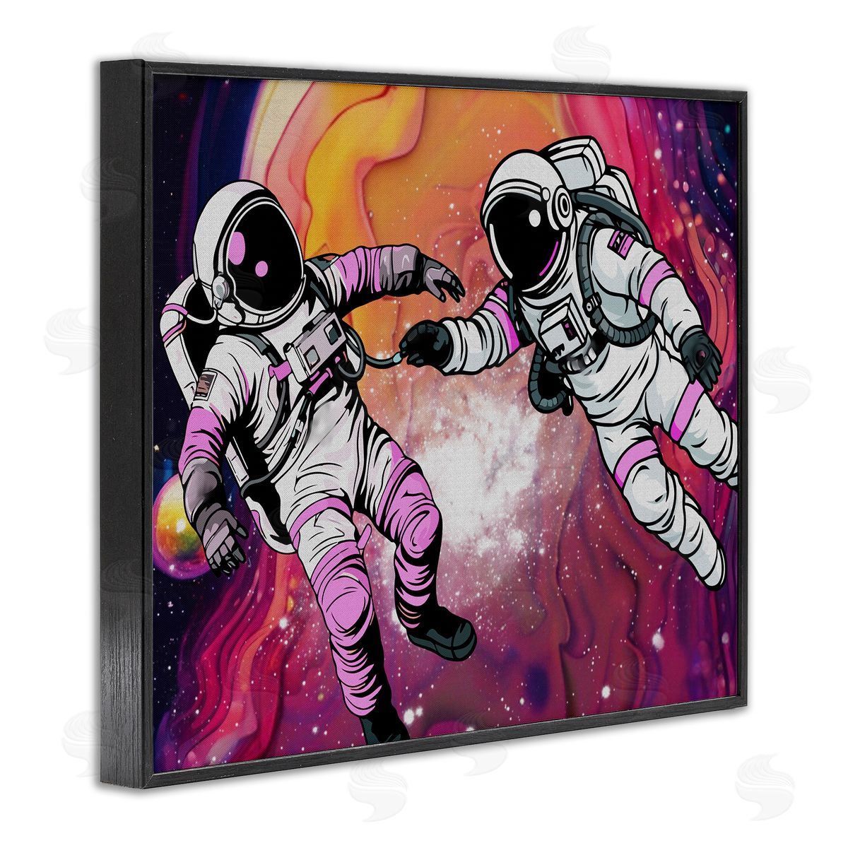 Swirling Cosmic Space Astronauts Black Frame Print Wall Art, Home Decor by Jesse Keith