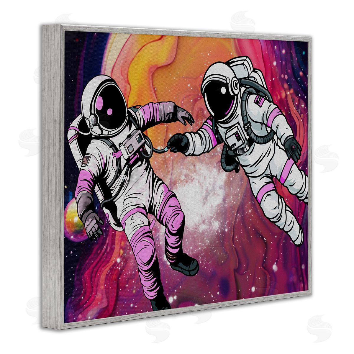Swirling Cosmic Space Astronauts Grey Frame Print Wall Art, Home Decor by Jesse Keith