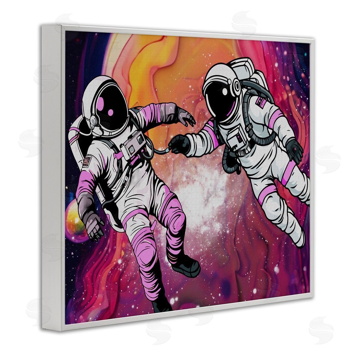 Swirling Cosmic Space Astronauts White Frame Print Wall Art, Home Decor by Jesse Keith