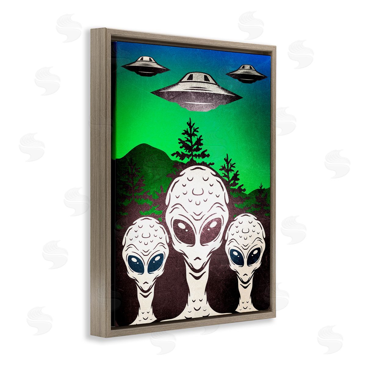Vintage Aliens & UFO Brown Floating Frame Canvas Wall Art, Home Decor by Kim Allen