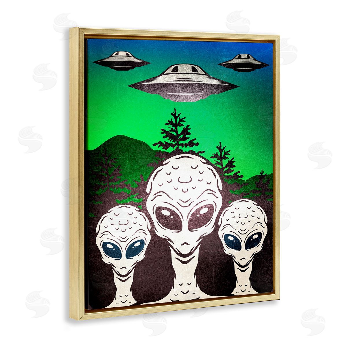 Vintage Aliens & UFO Gold Floating Frame Canvas Wall Art, Home Decor by Kim Allen