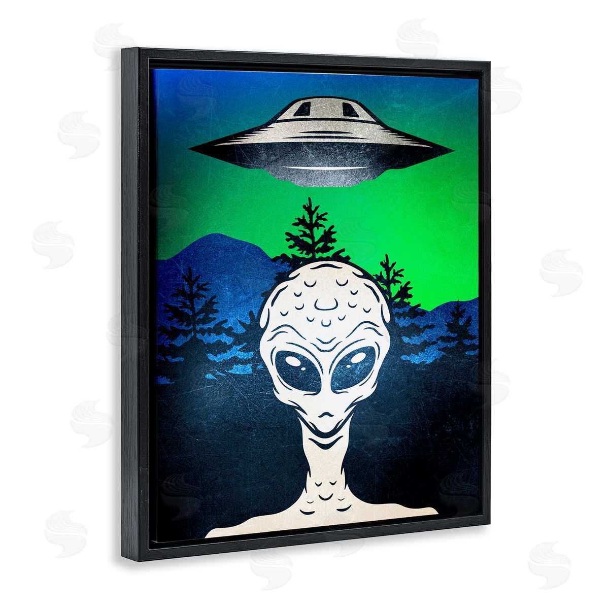Alien and UFO Scene Black Floating Frame Canvas Wall Art, Home Decor by Kim Allen
