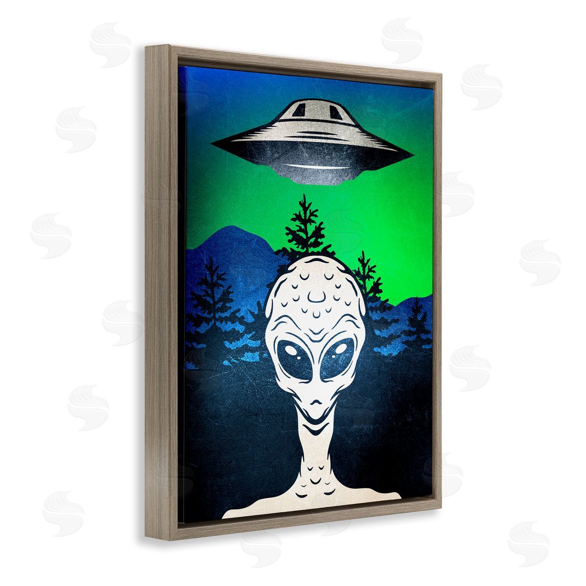 Alien and UFO Scene Brown Floating Frame Canvas Wall Art, Home Decor by Kim Allen