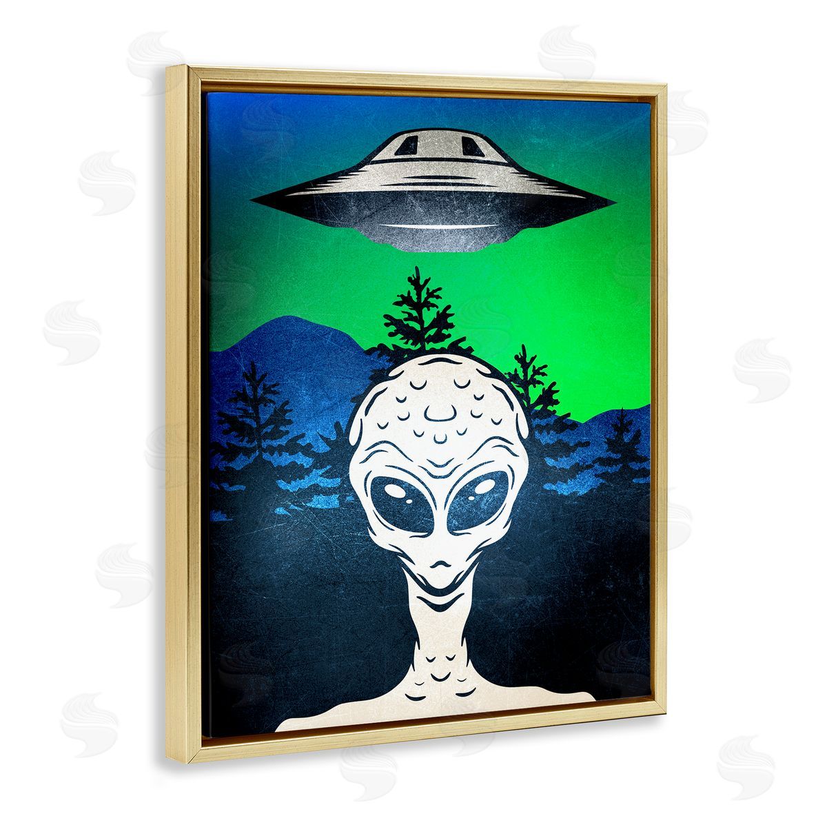 Alien and UFO Scene Gold Floating Frame Canvas Wall Art, Home Decor by Kim Allen