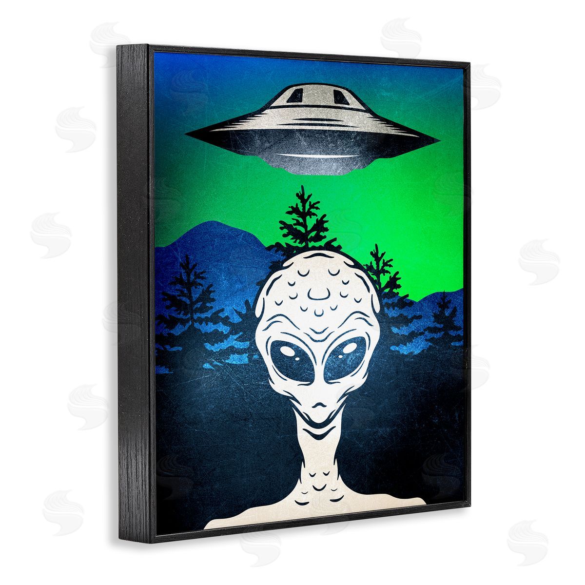 Alien and UFO Scene Black Frame Print Wall Art, Home Decor by Kim Allen