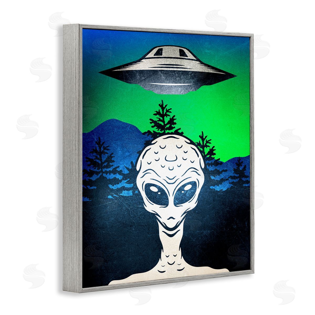 Alien and UFO Scene Grey Frame Print Wall Art, Home Decor by Kim Allen