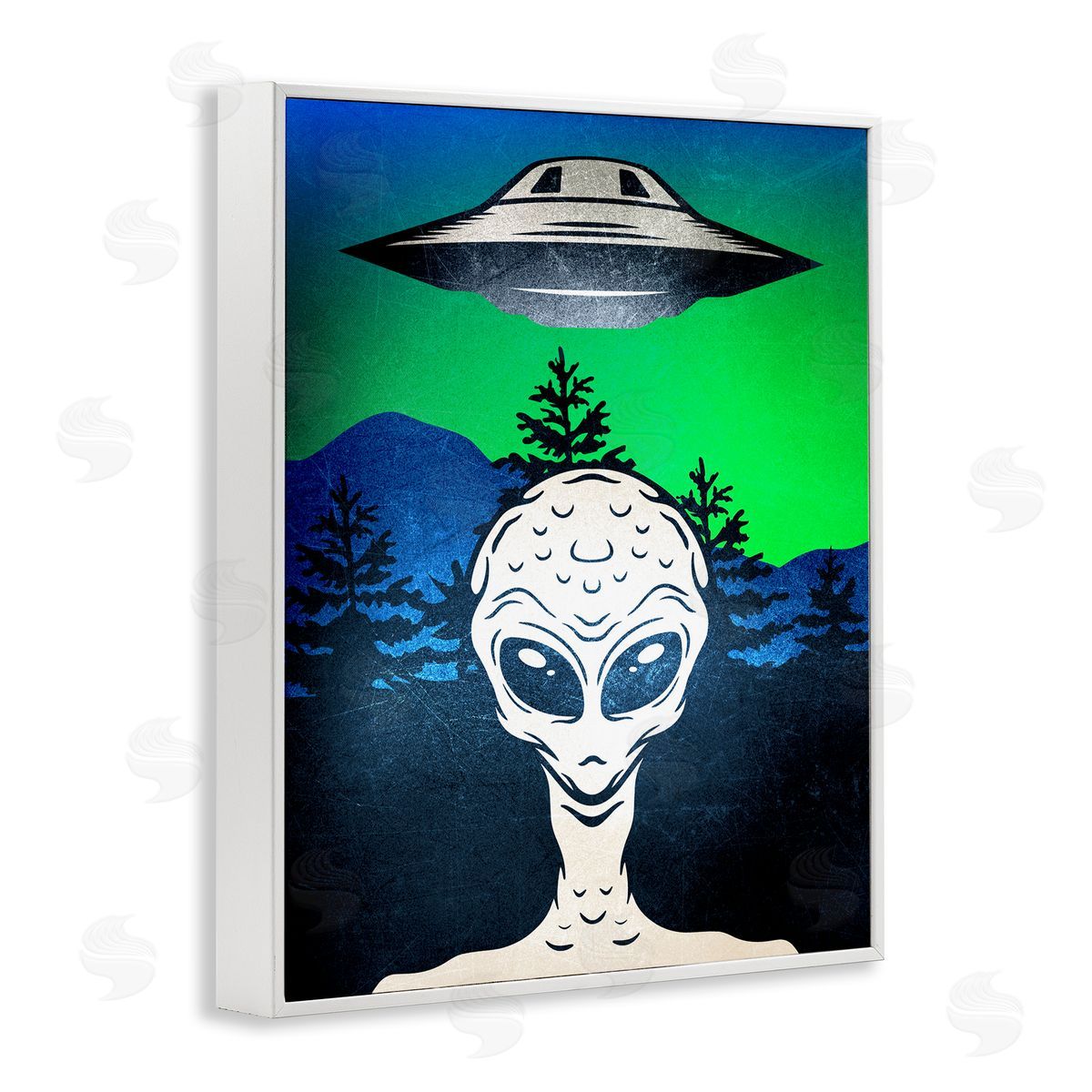 Alien and UFO Scene White Frame Print Wall Art, Home Decor by Kim Allen