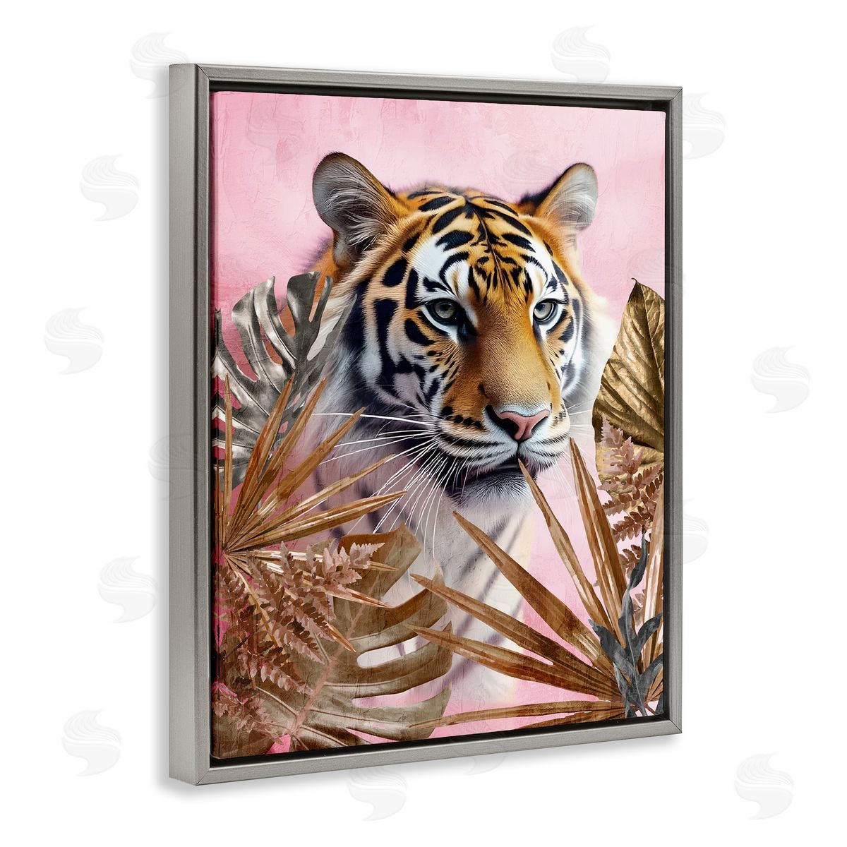Exotic Tiger with Gold Leaves Grey Floating Frame Canvas Wall Art, Home Decor by Kim Allen