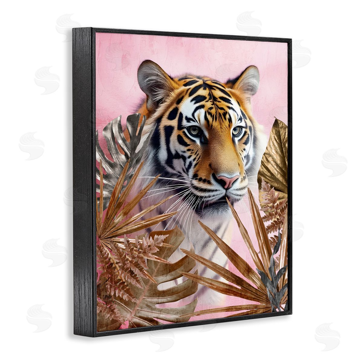 Exotic Tiger with Gold Leaves Black Frame Print Wall Art, Home Decor by Kim Allen