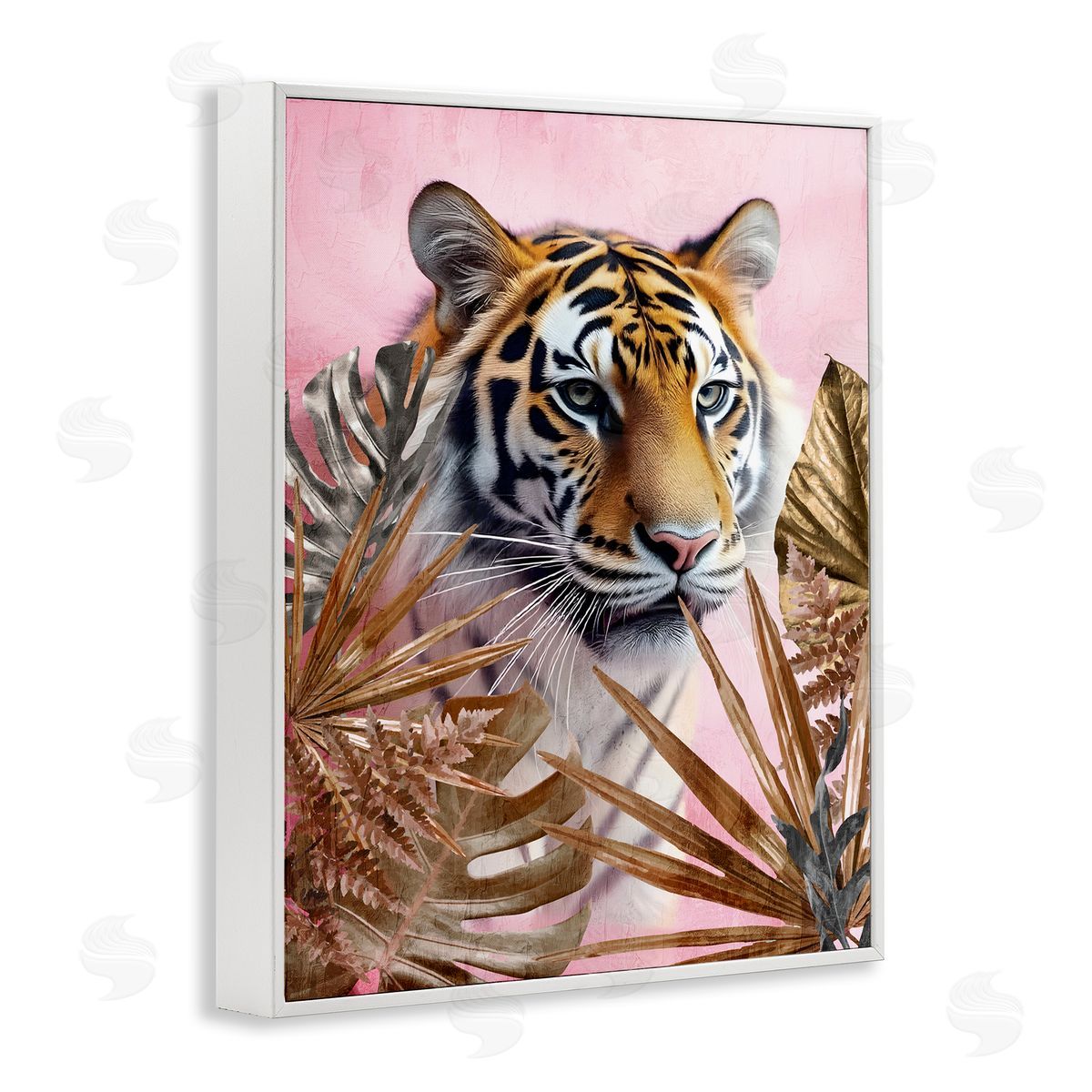 Exotic Tiger with Gold Leaves White Frame Print Wall Art, Home Decor by Kim Allen