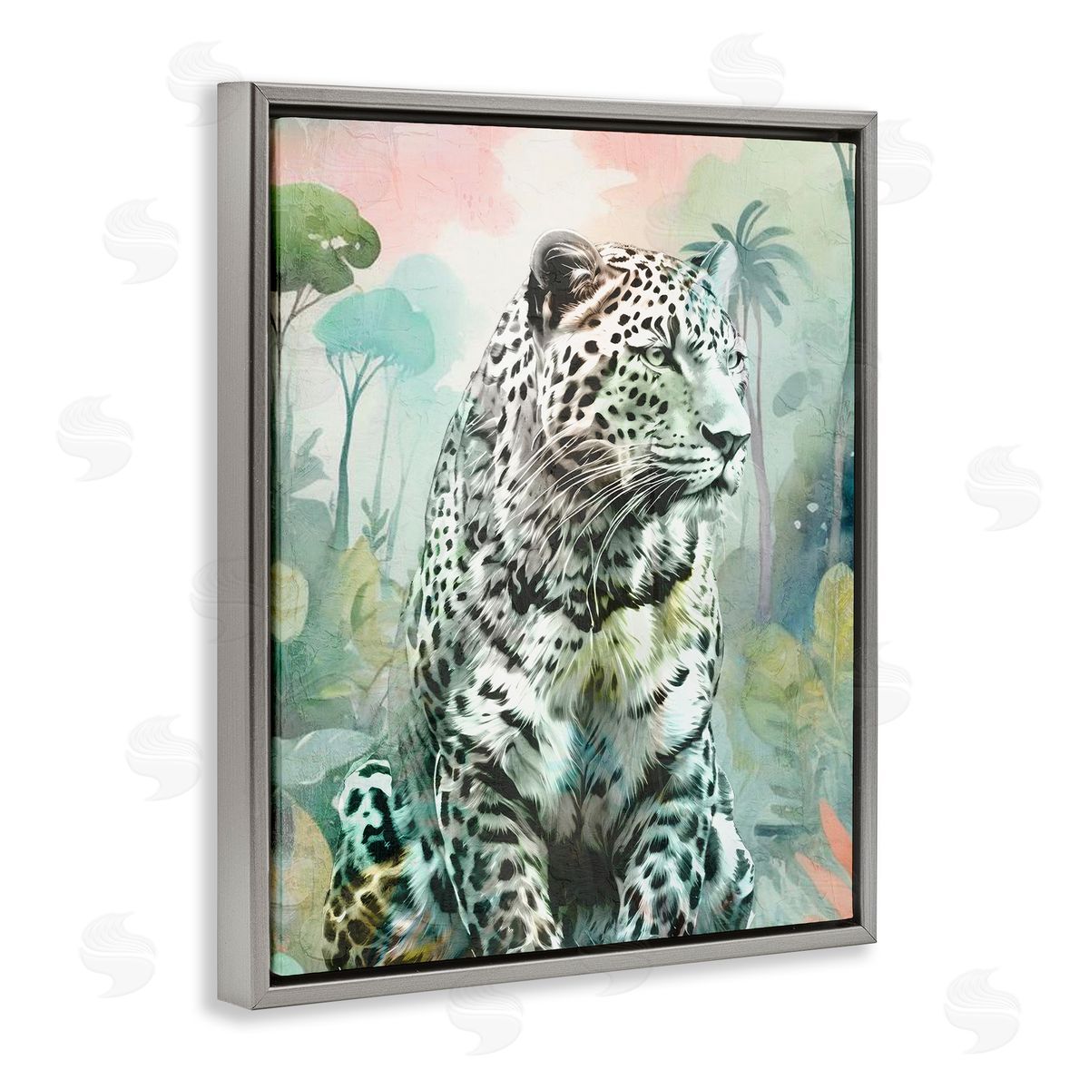 Leopard Gazing in Jungle Grey Floating Frame Canvas Wall Art, Home Decor by Kim Allen