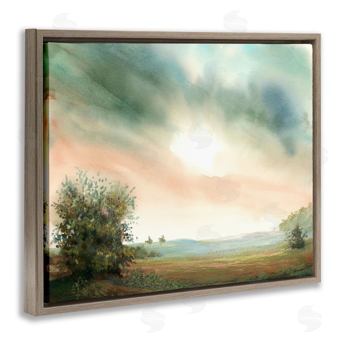 Sunrise over Pastoral Field Brown Floating Frame Canvas Wall Art, Home Decor by Ashley Davis