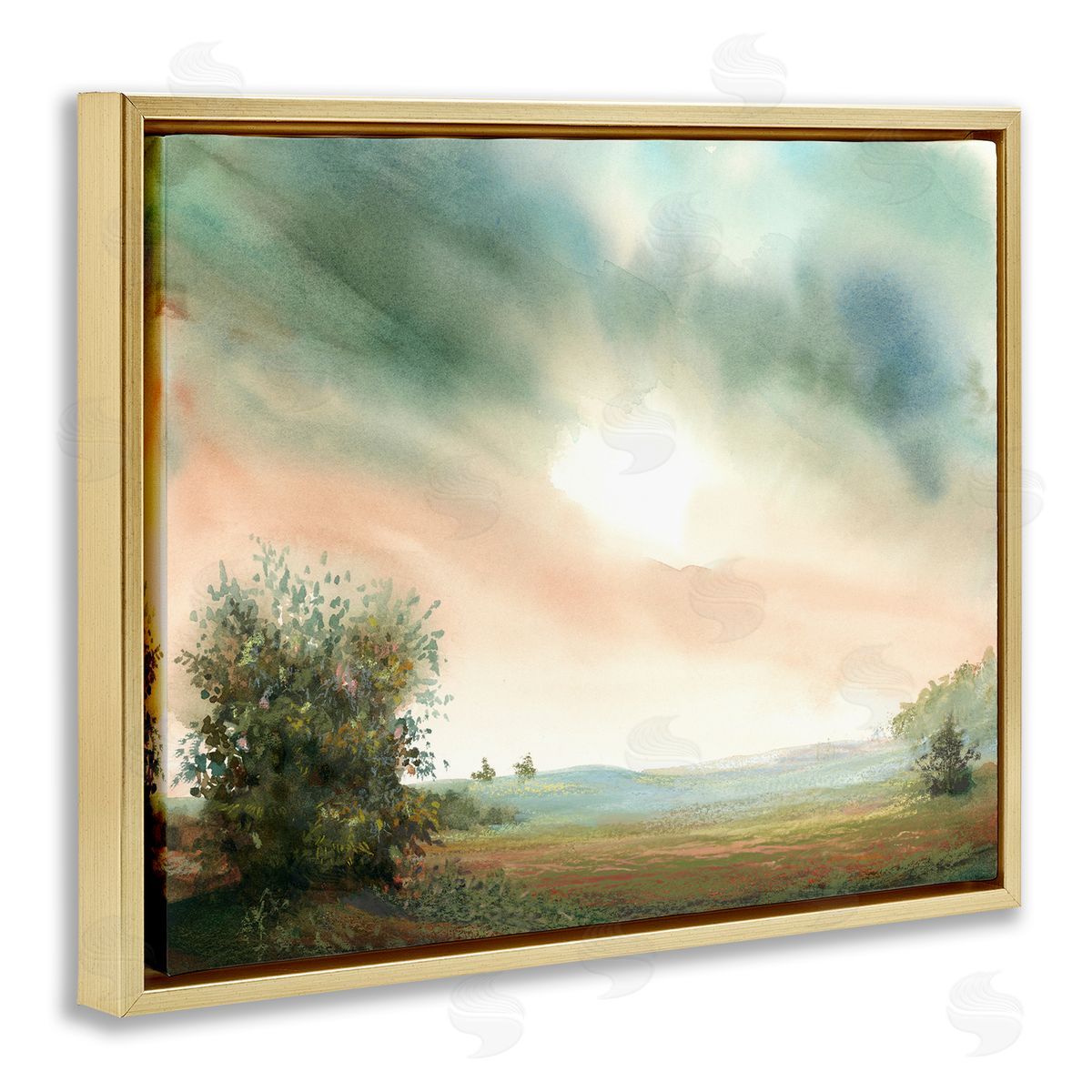 Sunrise over Pastoral Field Gold Floating Frame Canvas Wall Art, Home Decor by Ashley Davis