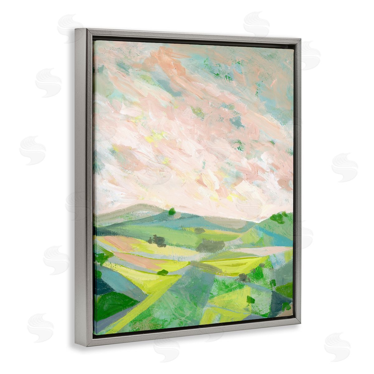 Vibrant Green Hills Landscape Grey Floating Frame Canvas Wall Art, Home Decor by Ashley Davis