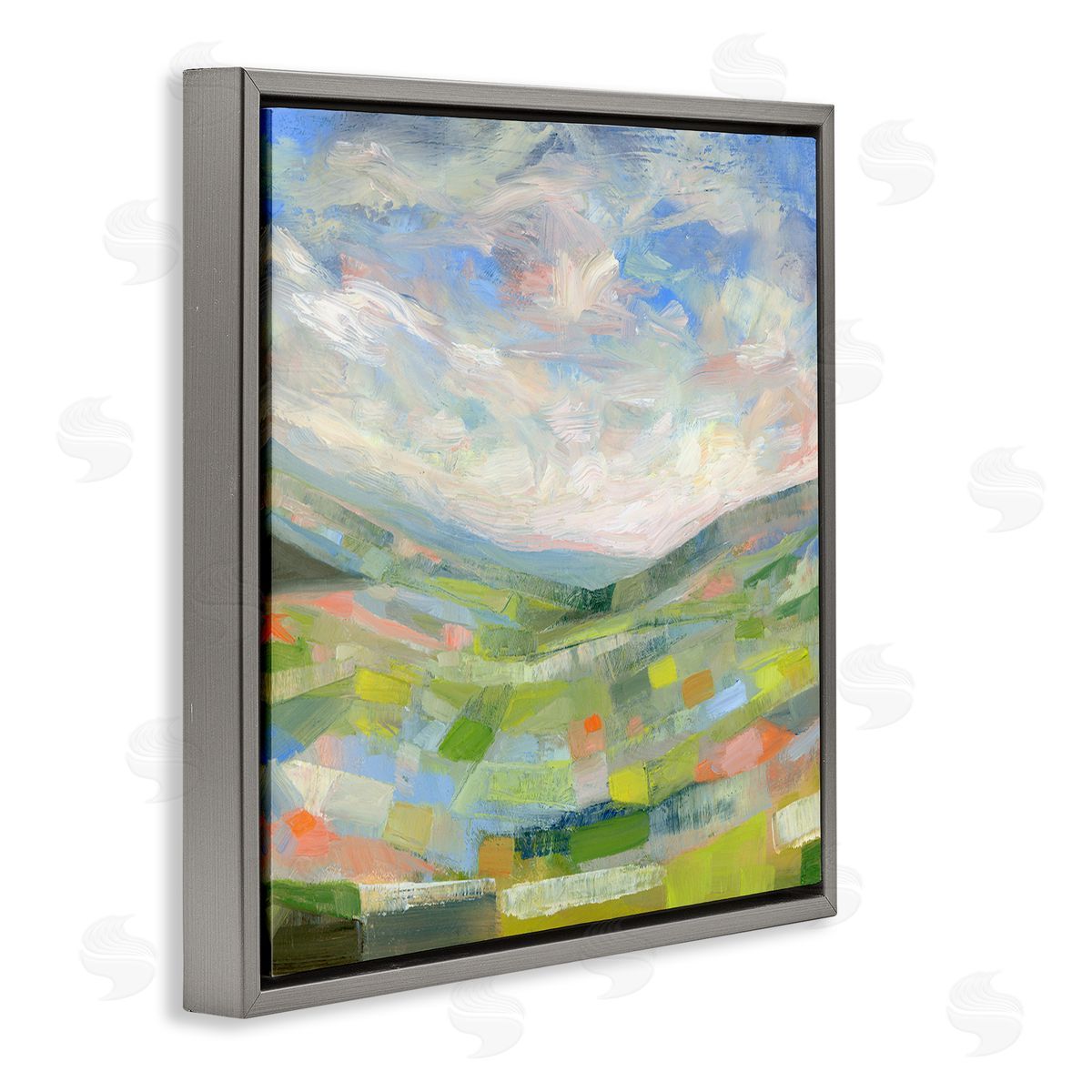 Jolly Geometric Countryside Scene Grey Floating Frame Canvas Wall Art, Home Decor by Ashley Davis