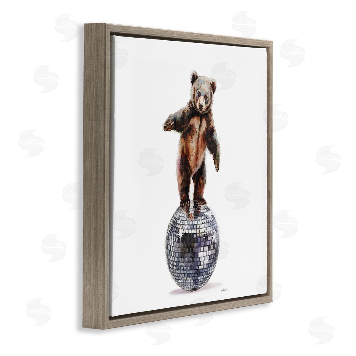 Bear Balancing on Disco Ball Brown Floating Frame Canvas Wall Art, Home Decor by Amanda Greenwood